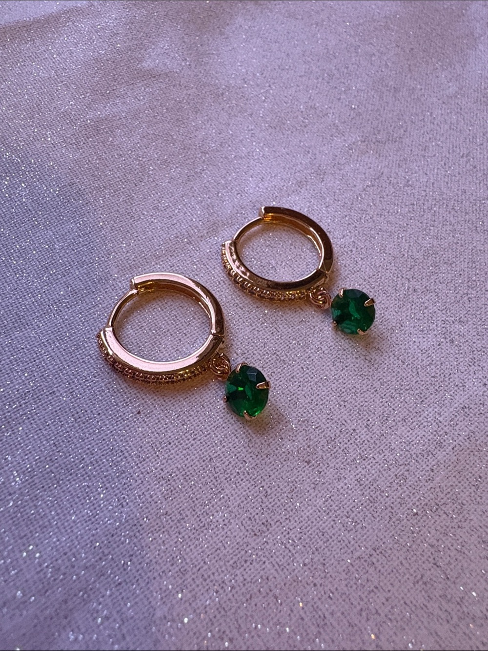 Gold Hoop Earrings with Green Gem Dangles
